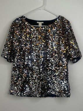 H&M Black Sequin Short-Sleeve Top with Silver & Gold Accents size large